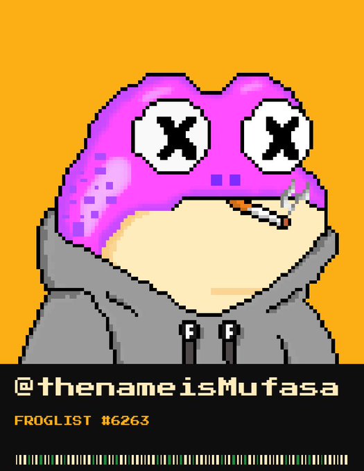 A pixel art style illustration features a character wearing a pink frog hat with X-shaped eyes, gray hoodie, and a cigarette in mouth. Text reads '@thenameisMufasa' and 'FROGLIST #6263'.