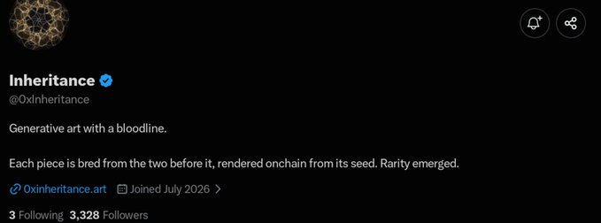 The image shows a Twitter/X profile for "Inheritance" (@0xInheritance), a generative art project described as "Generative art with a bloodline," where each piece is bred from previous ones and rendered onchain from its seed, with 3 following and 3,328 followers, joined July 2026. This relates to the post, which mentions having spots reserved for mutuals from this project, joking that they're likely busy with real life ("touching grass") rather than engaging online.