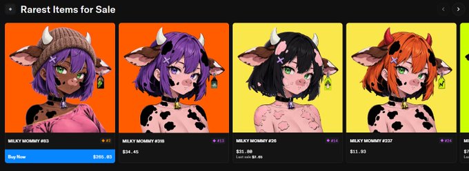 A Roblox storefront screenshot titled 'Rarest Items for Sale' displaying four 'Milky Mommy' NFT items (#03, #19, #26, #27) with their current bid prices and a 'Buy Now' option of $200.40.