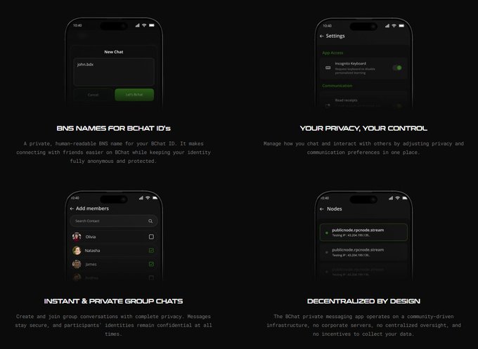 The image showcases four key features of the BChat messaging app through dark-themed mobile interface mockups: "BNS Names for BChat IDs" displaying a "New Chat" screen with the handle "john.bdx," "Your Privacy, Your Control" showing settings toggles for "Incognito Keyboard" and "Read receipts," "Instant & Private Group Chats" illustrating an "Add members" contact list (Olivia, Natasha, James, Andrew), and "Decentralized by Design" highlighting nodes like "publicnode.jbcoin.stream" with timestamps. Together, these visuals reinforce the post's message that BChat delivers a privacy-focused, decentralized messaging experience where user identity, data control, and secure group communication are core design principles rather than add-ons.