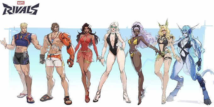 The "MARVEL RIVALS" logo is displayed above a lineup of seven Marvel characters in swimwear, suggesting that fans might want to buy in-game skins to dress their characters like this. This relates to the post's sentiment of wallets being "cooked" due to potential spending.