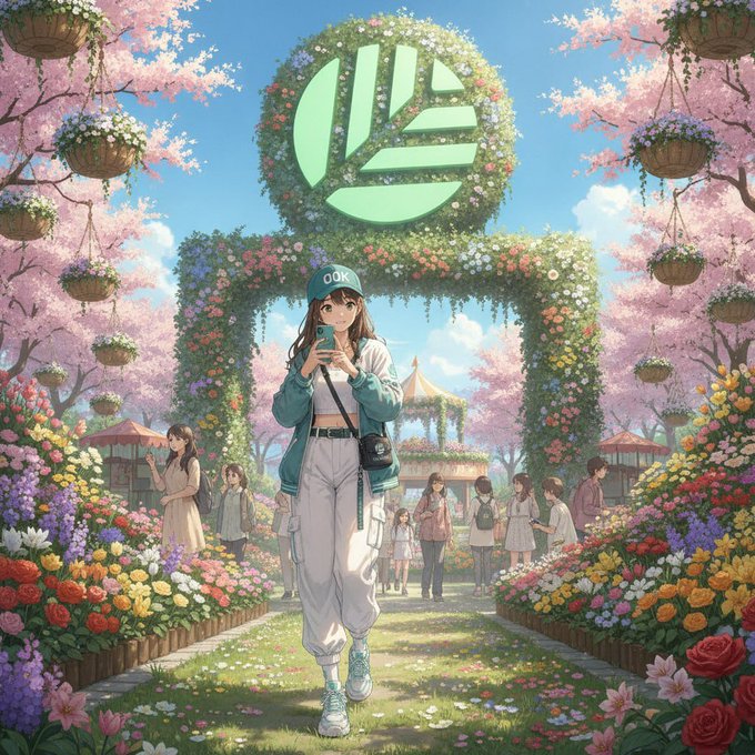 Anime-style illustration of a girl in a cap taking a selfie in a colorful flower garden with cherry blossoms, featuring a green circular logo above and an OKX-style design.