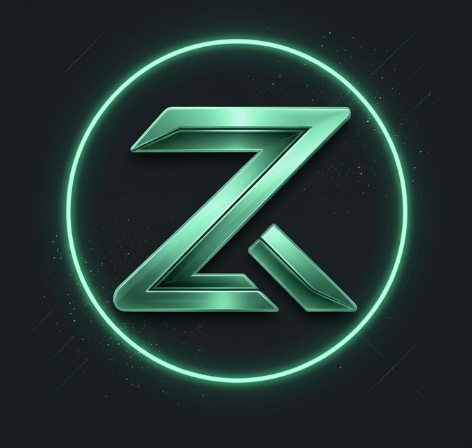A glowing green neon circle frames a stylized metallic letter "Z" against a dark starry background, resembling a logo or emblem.