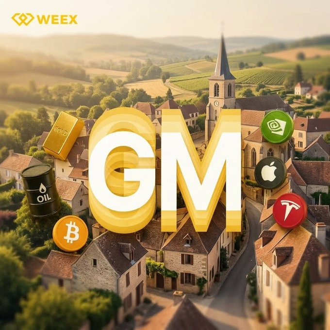 A promotional graphic featuring a stylized European village with the WEEX logo, large golden 'GM' letters, and icons of gold, oil, Bitcoin, and tech company logos (Apple, Tesla).