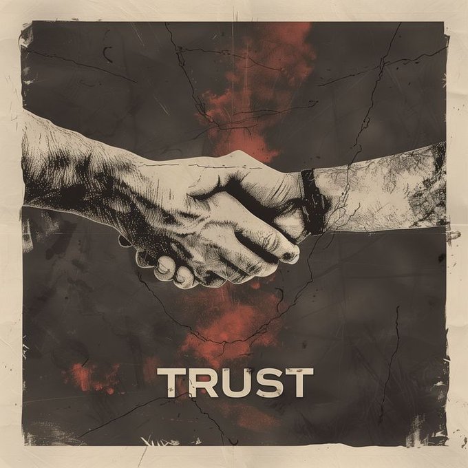 A stylized graphic of two hands clasped in a handshake against a cracked, dark background with red accents, with the word 'TRUST' prominently displayed.