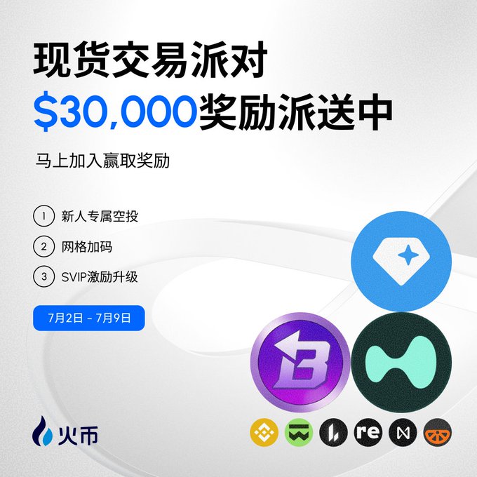 A promotional banner from Huobi HTX announces a "现货交易派对" (Spot Trading Party) offering $30,000 in rewards from July 2-9, featuring new user airdrops, grid trading vouchers, and SVIP upgrades for trading $BEAT, $HYPE, and $GRAM tokens.