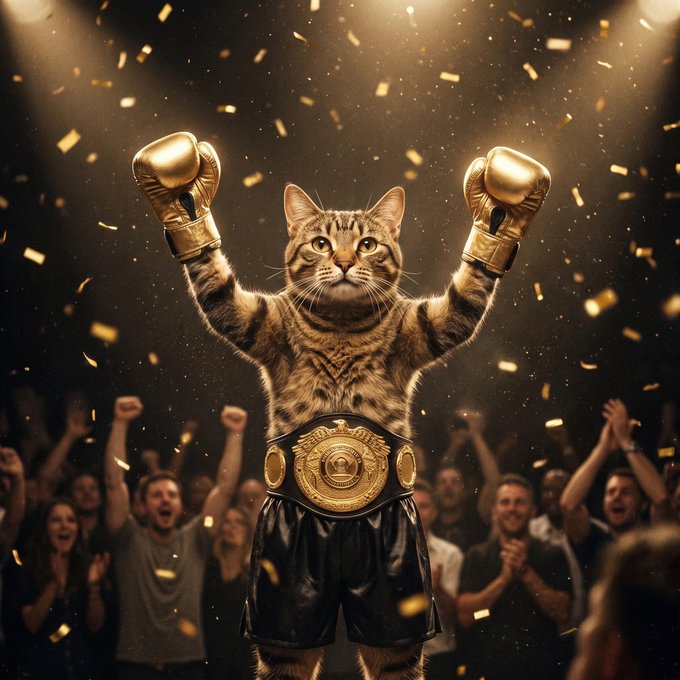 A humorous AI-generated image of a tabby cat standing upright wearing golden boxing gloves raised in victory and a championship belt, surrounded by cheering spectators and falling gold confetti.