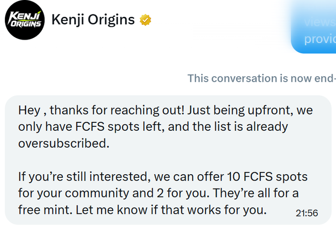 A message from 'Kenji Origins' reading: 'Hey, thanks for reaching out! Just being upfront, we only have FCFS spots left, and the list is already oversubscribed. If you're still interested, we can offer 10 FCFS spots for your community and 2 for you. They're all for a free mint.'
