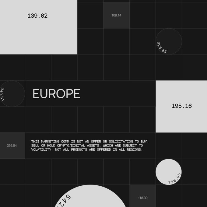 A sleek black-and-white grid design displays "EUROPE" prominently alongside various regional price figures (139.02, 195.16, 256.54, 720.95, etc.) and a crypto disclaimer about volatility and regional availability, suggesting a digital asset platform loading interface—much like the loading bar in the caption—showcasing its European market metrics.