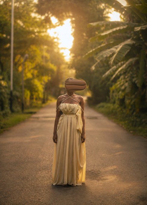 A surreal portrait shows a woman in a flowing pale yellow dress standing on a sunlit path lined with lush greenery, with her face obscured by a wooden cutout shape.