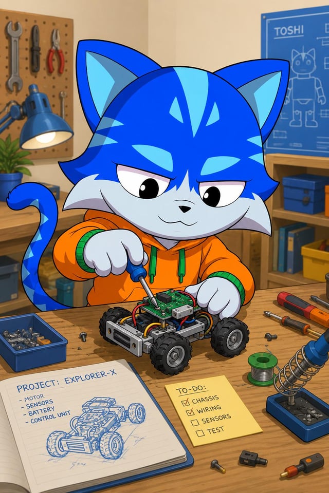 The image features a cartoon cat wearing an orange hoodie, sitting at a desk with various tools around him. The cat appears to be working on a toy car or robot using a screwdriver, surrounded by books and other objects typical of a workshop setting. The caption in the image reads "I want to hear from all of you! What do you guys do when Toshi coin is down 93% from the all-time highs?".