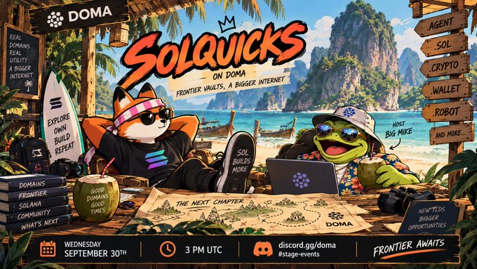A promotional banner for 'SOLQUICKS ON DOMA' featuring a fox and a frog character lounging on a beach, scheduled for Wednesday September 30th at 3 PM UTC on discord.gg/doma.