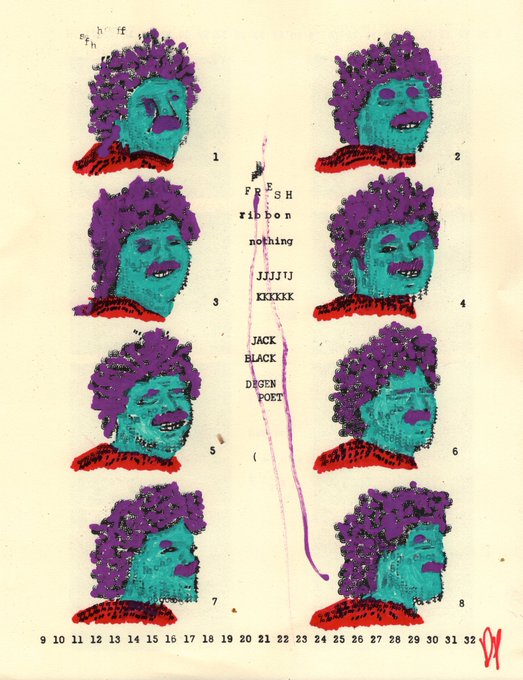 A pop art print featuring eight teal-skinned faces with purple hair arranged in a grid, with central text including 'FRESH ribbon nothing', 'JJJJU', 'KKKKK', 'JACK BLACK', 'DEGEN POET', and a numbered scale from 1 to 32.