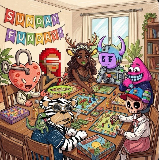 A colorful illustration of various characters, including a heart with a padlock, a deer-woman, a purple horned figure, a pink triangle character, playing board games around a table under a "SUNDAY FUNDAY!" banner.