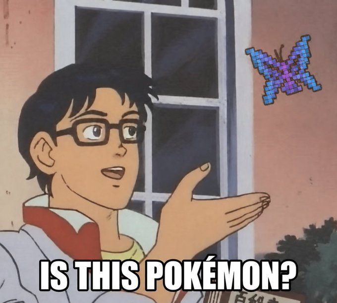 The image is a meme featuring an anime character with glasses pointing at a pixelated blue and purple butterfly, with the caption "IS THIS POKÉMON?" However, the provided post about Seoul, QuipNetwork, and WebZero quantum compute events does not appear to relate to the image at all.