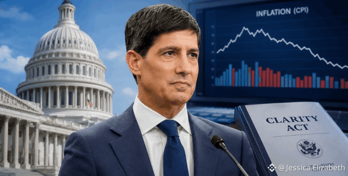 A digitally altered image of a politician in a suit standing before the US Capitol, with a background showing an 'INFLATION (CPI)' chart and a 'CLARITY ACT' document, watermarked '@ Jessica Elizabeth'.