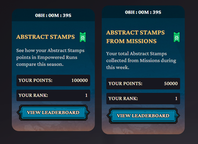 Two game interface panels titled 'ABSTRACT STAMPS' and 'ABSTRACT STAMPS FROM MISSIONS', showing 100,000 points (Rank 1) and 50,000 points (Rank 1) respectively, with 'VIEW LEADERBOARD' buttons.