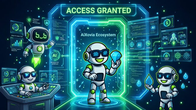 A futuristic tech illustration showing robots and digital interfaces with the text 'ACCESS GRANTED' and 'AiXovia Ecosystem' prominently displayed.