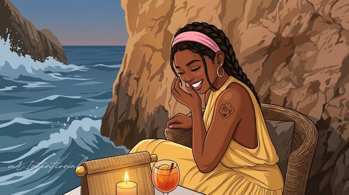 An illustration of a smiling Black woman with braided hair and a pink headband, wearing a yellow dress and a 'Rey' heart tattoo on her arm, sits at a table with a candle and a drink by the ocean, signed 'mr.lifentoonial'.