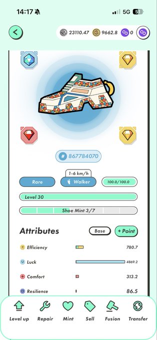 A mobile game screenshot showing a "Walker" shoe NFT at level 30 with attributes like Efficiency, Luck, Comfort, and Resilience, and action buttons for Level up, Repair, Mint, Sell, Fusion, and Transfer.
