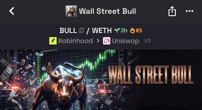A crypto token page for 'Wall Street Bull' (BULL) traded on Uniswap V3 via Robinhood, showing a 2h age and featuring a charging bull illustration.