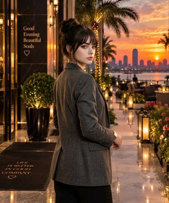 An AI-generated or stylized image of a young woman with her hair in a bun, wearing a gray blazer, standing in an elegant lobby with text overlays reading 'Good Evening Beautiful Souls' and 'LIFE IS BETTER IN GOOD COMPANY' against a sunset cityscape.