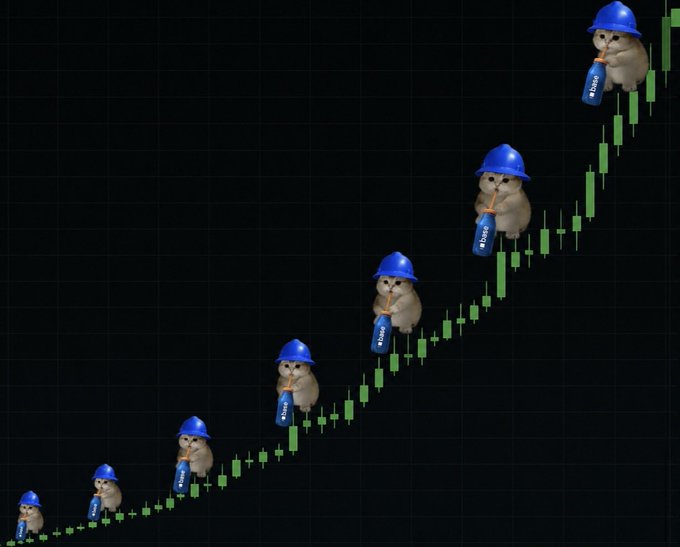 A cryptocurrency chart showing an upward green candlestick trend on a black background, with multiple cartoon hamsters wearing blue hard hats positioned along the rising price line.