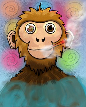 A colorful digital drawing of a brown monkey with large eyes smoking a cigarette, surrounded by swirling colorful smoke patterns.
