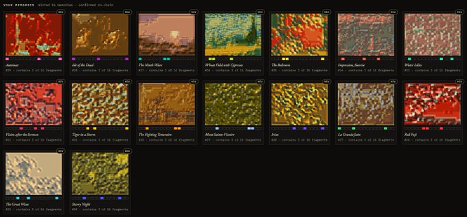 A webpage displaying a grid of pixel art NFT artworks with titles like 'Air', 'All of the Cloud', 'The Naked Wave', 'The Bedroom', and 'Starry Night', each showing fragment counts and prices in 'Dragenwtr' currency.