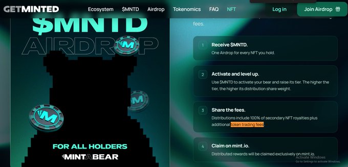 A webpage screenshot for 'GETMINTED' promoting a '$MNTD AIRDROP' with the tagline 'FOR ALL HOLDERS MINT A BEAR', listing steps to receive $MNTD, activate a bear, share fees, and claim on mint.io.