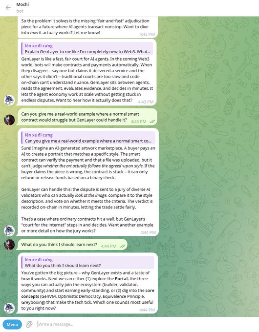 A Telegram chat conversation between 'Mochi' bot and a user discussing GenLayer, covering topics like fair-and-fast adjudication, AI agents, smart contracts, and concepts like GenVM and Optimistic Democracy.