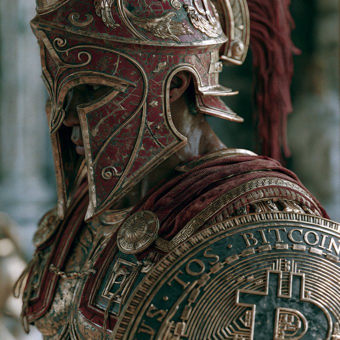 A highly detailed digital artwork of a Roman/Spartan warrior wearing an ornate red and gold helmet, holding a shield emblazoned with the Bitcoin 'B' logo and the words 'BITCOIN' and 'IN TES...TOS'.