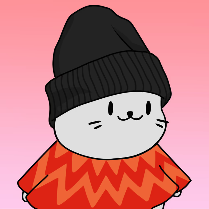 A cute cartoon character wearing a black beanie and a red zigzag-patterned sweater smiles against a pink gradient background. The illustration represents the "Sappy Seal #4723" NFT mentioned in the post, which was awarded as an honorable mention to @0xmazyar via #osmobile.