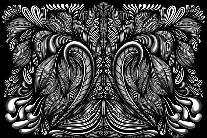 A detailed black and white symmetrical illustration features intricate swirling leaf and floral patterns on a black background.