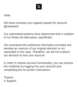 An email from X Support informing user @nadiweb3 that their appeal request was denied and a violation of rules was detected, requiring them to log in for on-screen instructions to restore their account.