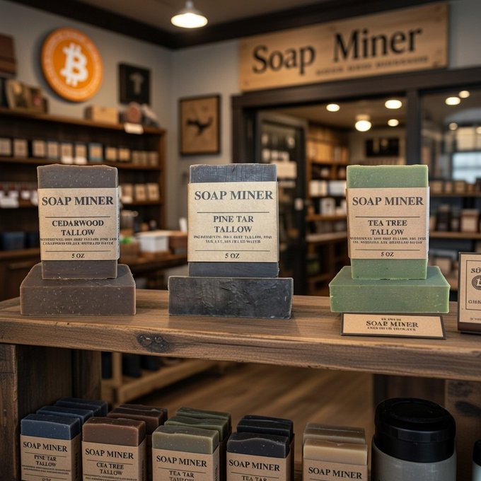 A rustic display of artisanal tallow soaps on a wooden shelf at a store called 'SOAP MINER,' featuring varieties like Cedarwood Tallow and Tea Tree Tallow.
