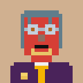 A pixel art illustration of a man with a red beard, glasses, and a purple shirt.
