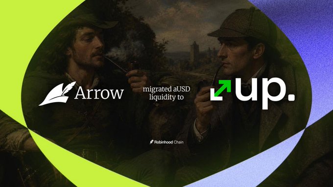 The image shows two men in classical attire smoking pipes, resembling Sherlock Holmes and Dr. Watson, with text overlaying the scene that reads "Arrow migrated aUSD liquidity to up." and credits "Robinhood Chain" at the bottom. The vintage detective imagery playfully frames the liquidity migration announcement—suggesting a clever "switch" or deduction from Arrow's aUSD to UP, aligning with the post's message about moving aUSD liquidity ahead of Arrow's mainnet deployment.