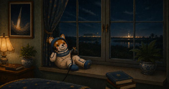 An artistic illustration of a Shiba Inu dog dressed in an astronaut suit sitting on a windowsill at night, with a framed 'SpaceX' rocket picture and a view of a lit-up city across the water.