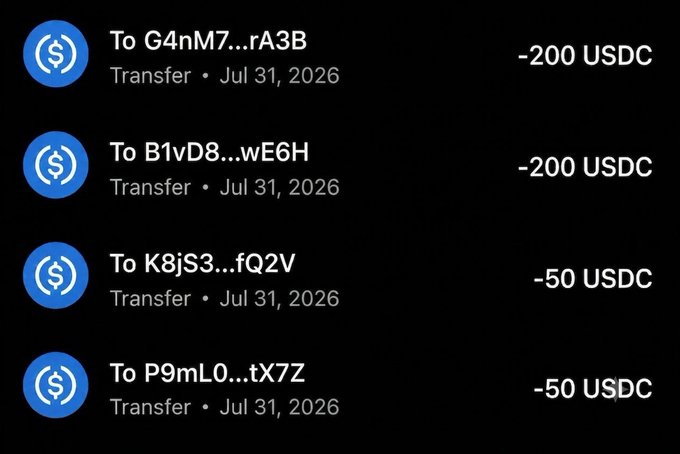 A crypto giveaway transaction log showing four USDC transfers (two of 200 USDC and two of 50 USDC) sent to different wallet addresses on Jul 31, 2026, illustrating the promised giveaway payouts to participants.
