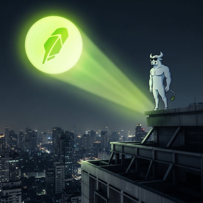 A muscular white bull with sunglasses stands atop a skyscraper at night, projecting a green Robinhood logo into the sky over a city skyline. The image visually represents bullish optimism for Robinhood Crypto, with the bull symbolizing rising markets and the green projection echoing both the company's branding and the financial slang "going green."
