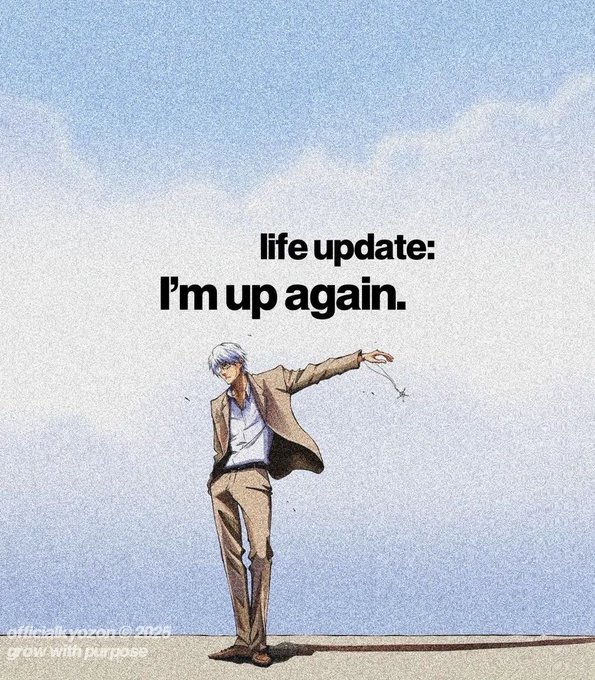 An anime character with silver hair wearing a beige suit tossing a coin, with text reading 'life update: I'm up again.' and a watermark '@medailyozon grow with purpose'.