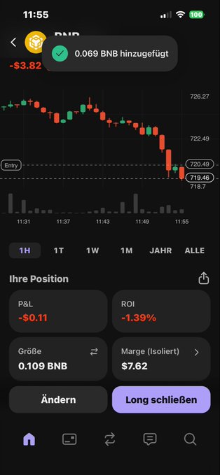 In this image, there's an upside-down gold coin symbol that appears on someone's cell phone screen. The phone screen displays a stock chart with decreasing values for one of the cryptocurrencies it shows. Below the chart, there are two buttons: a purple "Long schen" button and a purple "Short schen" button. It seems like someone is checking or adjusting their crypto trading strategy based on this information displayed on the phone screen.