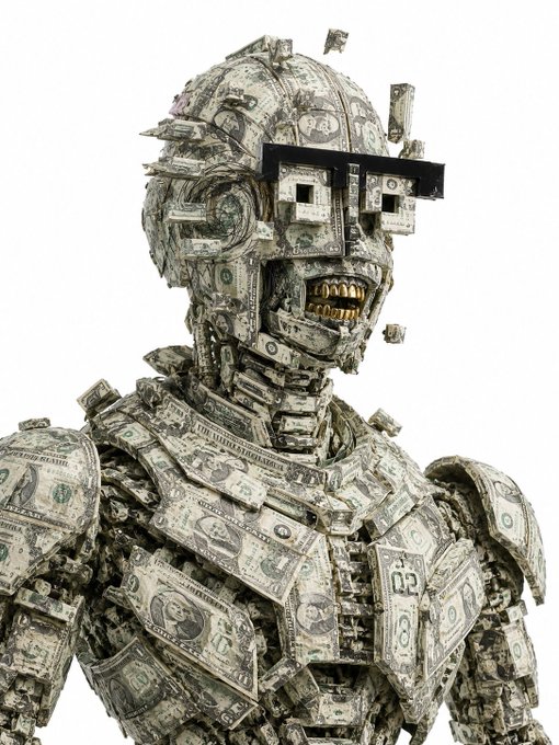 A humanoid figure constructed entirely from U.S. one-dollar bills, featuring a robotic head with visor-like sunglasses and a wide, toothy grin, embodies the visual metaphor of "money-making machine," aligning with the post's praise of Tria's practical utility for trading, earning, and spending within a connected crypto ecosystem.