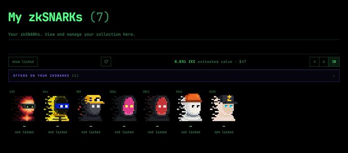 A webpage titled 'My zkSNARKs (7)' displaying seven pixel-art character NFTs from the CryptoPunks-style zkSNARK collection, with one offering received and others marked 'not listed'.