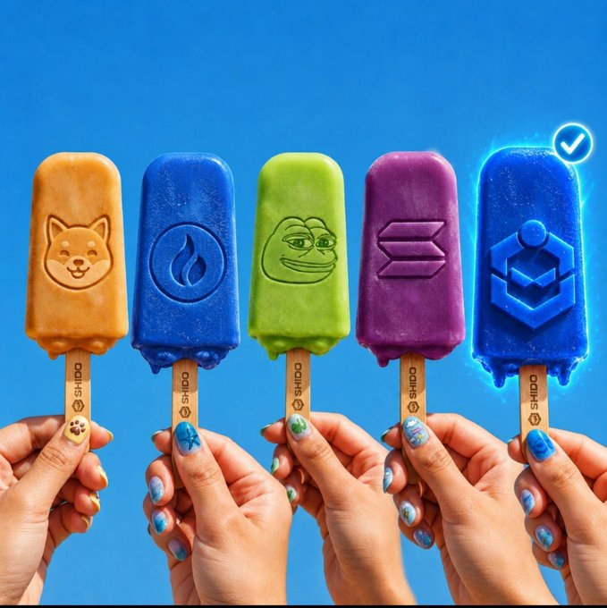 Five hands hold colorful SHIDO-branded popsicles against a blue background, featuring Shiba Inu, flame, Pepe, Solana, and a highlighted blue one with a checkmark.