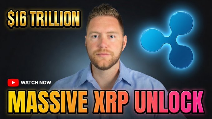 A thumbnail featuring a man against a dark background with the Ripple (XRP) logo, highlighting the bold text "$16 TRILLION" and "MASSIVE XRP UNLOCK," teasing a potential major financial breakthrough for the XRPL.