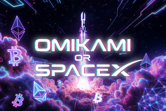 A vibrant neon cosmic illustration features the text "OMIKAMI or SPACEX" at the center, with a rocket launching into a starry sky surrounded by purple and pink clouds, floating Bitcoin and Ethereum logos, and geometric blockchain designs—imagery that playfully visualizes the post's question of choosing between the Omikami memecoin and Elon Musk's SpaceX.