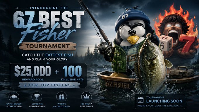 A promotional banner for the '67 Best Fisher Tournament' featuring a penguin in fishing gear holding a bass, with text offering a $25,000 reward pool and 100 exclusive NFTs.