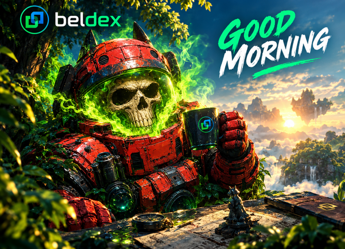 A 'Good Morning' graphic for 'beldex' showing a red armored cyborg skull surrounded by green flames holding a mug with the beldex logo, set against a fantasy landscape.